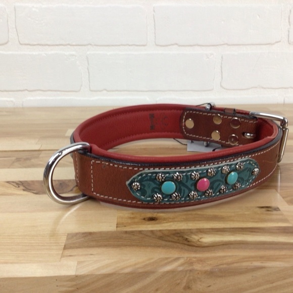 Mad Cow genuine leather jewelry dog collar handmade red pink turquoise studded - Picture 4 of 16